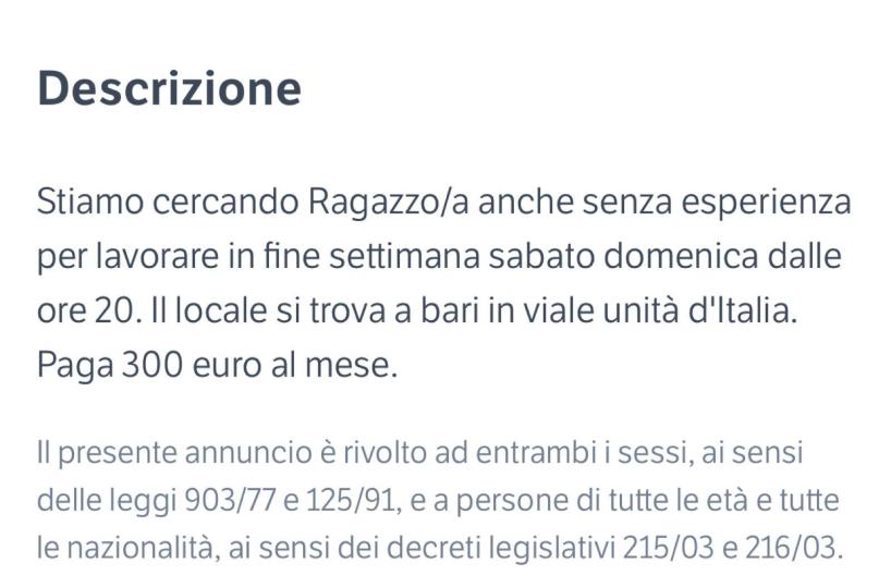 Bari, l'annuncio di lavoro: choc "Trecento euro al mese per lavorare al bar"