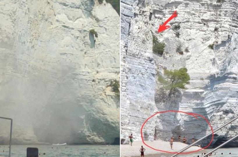 Cede parte della falesia nella Baia di Vignanotica: paura tra i bagnanti sul Gargano