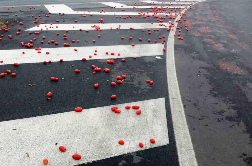 Bari, tir perde carico in via Tatarella: distesa di pomodori sull'asfalto
