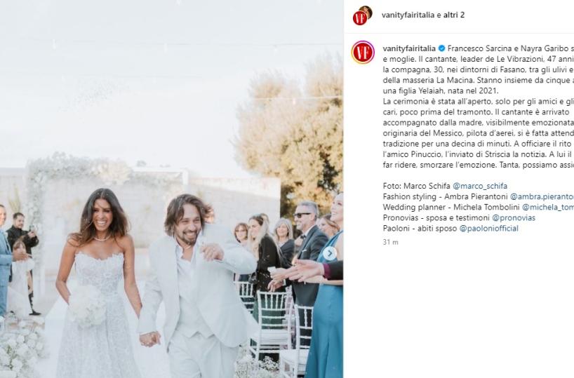 Francesco Sarcina de Le Vibrazioni e Nayra Garibo sposi a Fasano 