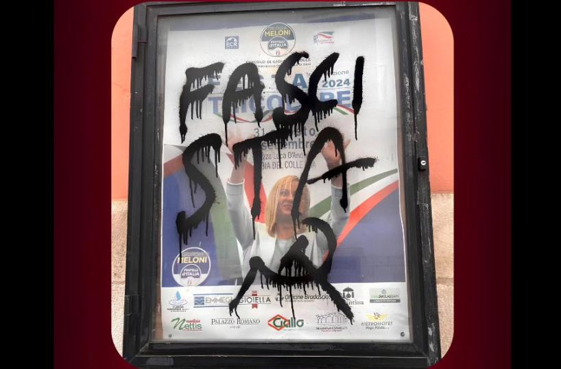 A Gioia del Colle imbrattato manifesto con foto Giorgia Meloni: «Fascista», e il disegno di falce e martello