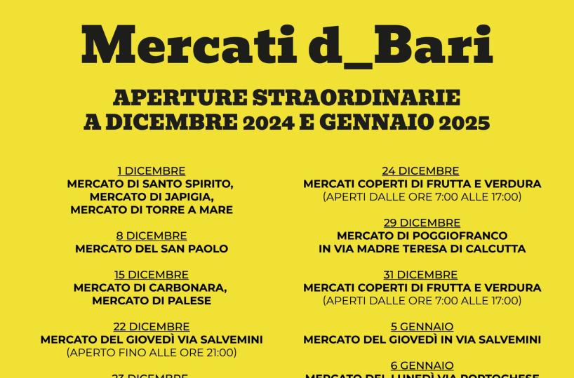 Bari, Natale in arrivo per i mercati cittadini: ecco il calendario delle aperture straordinarie
