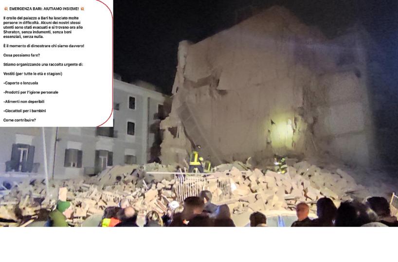 Crollo a Bari, una dei proprietari della palazzina avvia raccolta fondi. Ma occhio alle truffe: «Sui social girano appelli, diffidate»