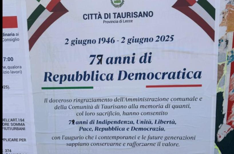Ancora gaffe sui manifesti in Salento: a Taurisano la Repubblica compie 77 anni