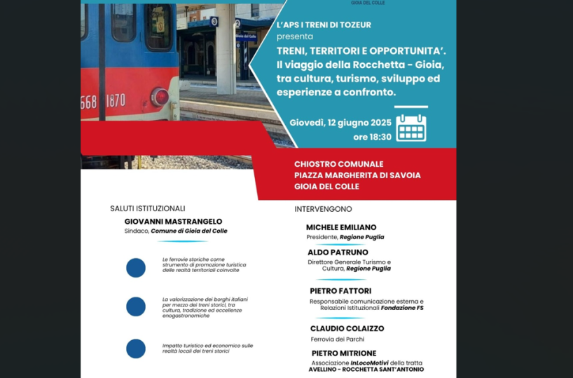 Verso la riapertura della ferrovia Rocchetta Sant'Antonio-Gioia del Colle: un convegno per vagliare territori e opportunità