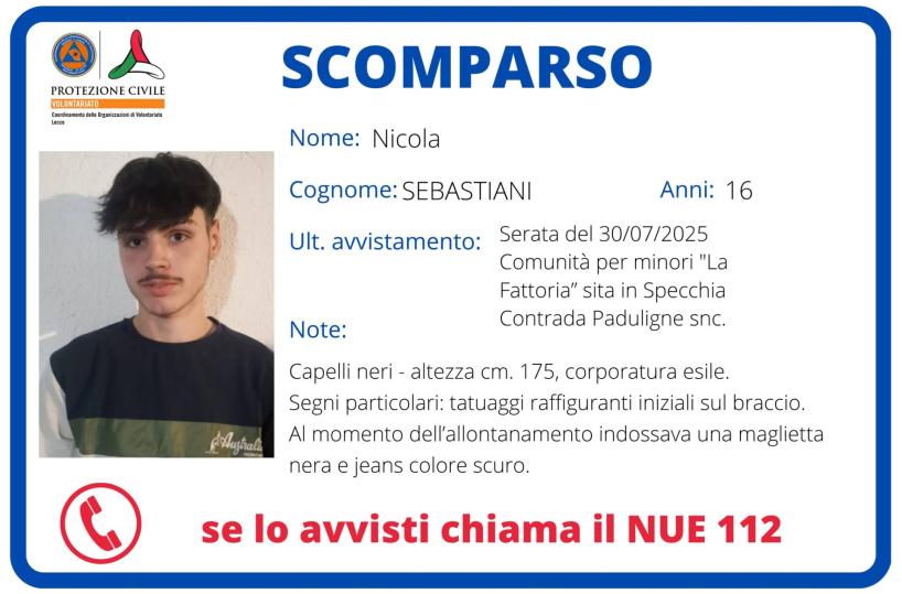 Specchia, 16enne si allontana dalla comunità: ore di apprensione per la scomparsa di Nicola Sebastiani