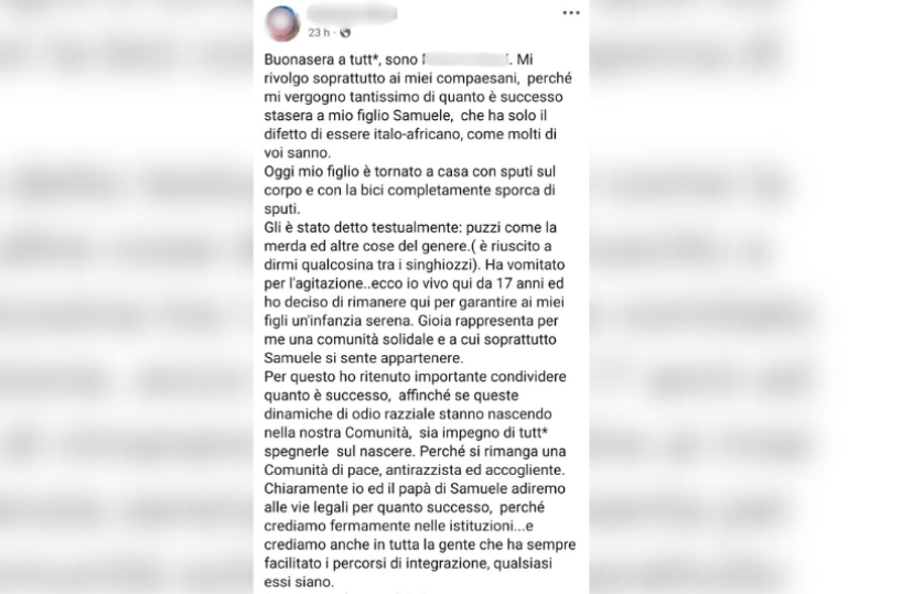 Gioia del Colle, la denuncia di una mamma sui social: «Hanno sputato in faccia mio figlio per il colore della sua pelle»