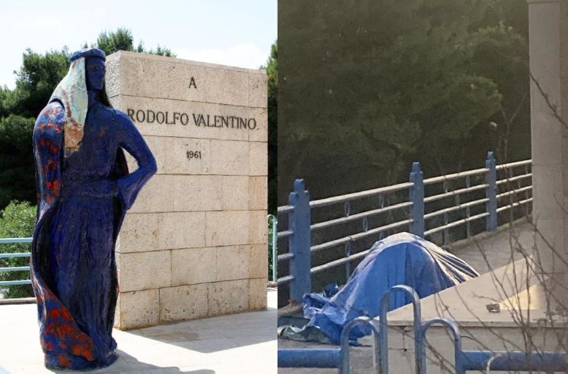 «Castellaneta, la statua di Rodolfo Valentino smontata e abbandonata su un marciapiede». Proteste anche dagli Usa