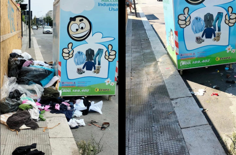 Bari, il guardaroba a cielo aperto attorno al contenitore di abiti in viale Pasteur:  «Puliscono e poi siamo punto e a capo»