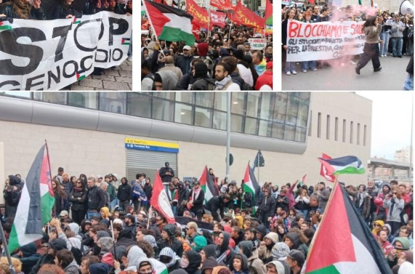 In Puglia in 20mila scendono in piazza per la Flotilla: a Bari i manifestanti tentano di bloccare la stazione. A causa dello sciopero cancellati due voli 