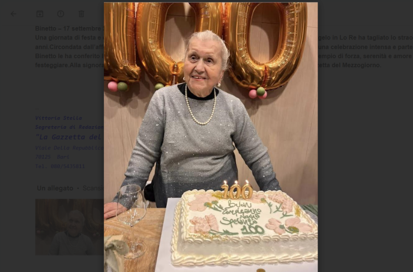 Binetto festeggia le 100 candeline di nonna Speranza circondata dall'affetto della comunit&agrave;