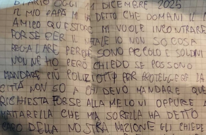 La letterina di Giovanni, 9 anni: «Per Natale chiedo più poliziotti per proteggere la mia Foggia» 