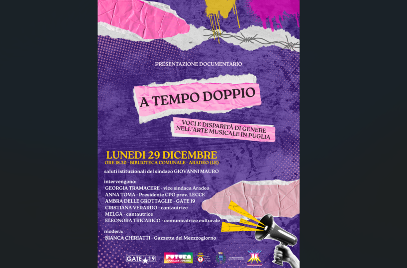 &laquo;A Tempo Doppio&raquo;: voci, numeri e storie della disparit&agrave; di genere nella musica pugliese