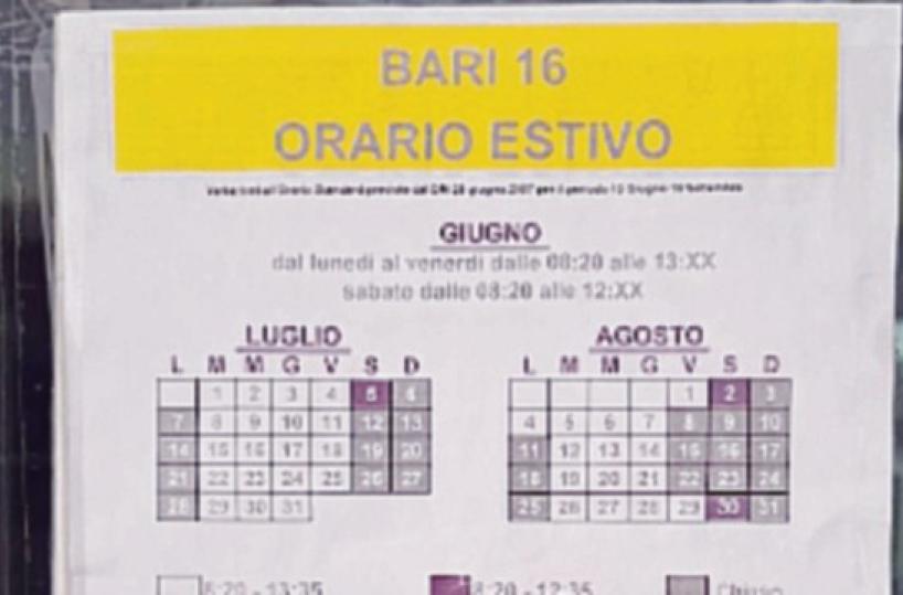 Bari Mungivacca, l’ufficio postale va in ferie: «Ad agosto aperto solo tre giorni a settimana»