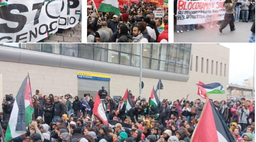 In Puglia in 20mila scendono in piazza per la Flotilla: a Bari i manifestanti tentano di bloccare la stazione. A causa dello sciopero cancellati due voli