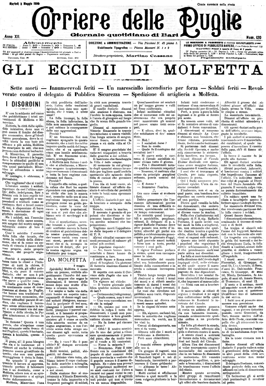 UN EVENTO DRAMMATICO - La prima pagina del «Corriere delle Puglie» dedicata alle vittime dei moti molfettesi