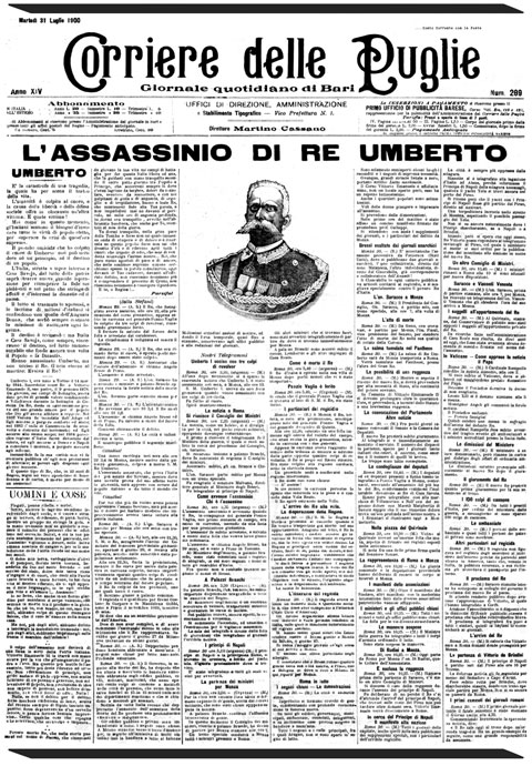 Prima pagina storica della Gazzetta del Mezzogiorno: Il Corriere delle Puglie e l’assassinio di Umberto I di Savoia