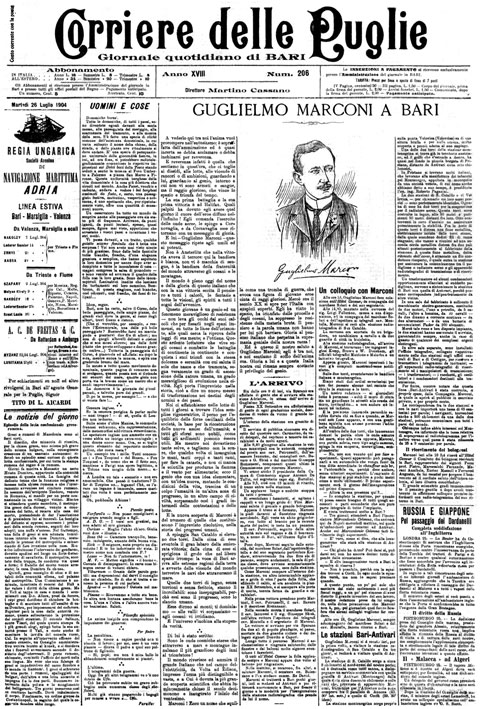 La prima pagina storica: L’esperimento di Marconi nel 1904 a Bari