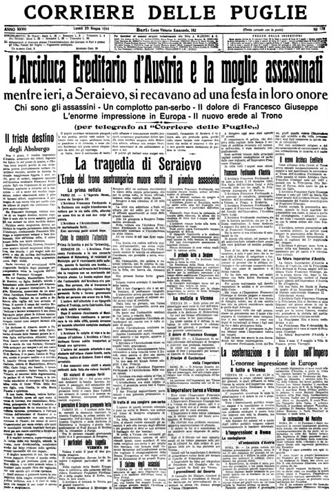 La pagina storica del 1914 sull'assassinio di Sarajevo