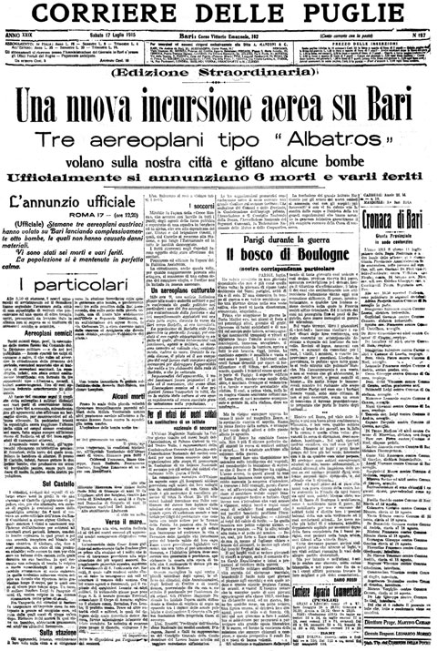 La prima pagina storica del 17 luglio 1915: Una nuova invasione aerea su Bari
