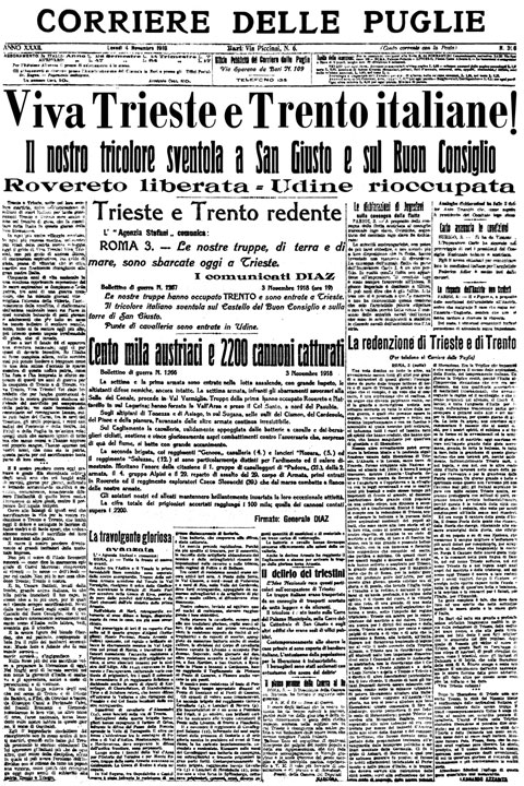La prima pagina storica del 4 novembre 1918: «Viva Trieste e Trento italiane!»