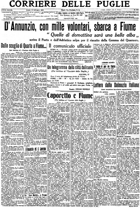 La prima pagina storica del 13 settembre 1919: D'Annunzio e l'Impresa di Fiume