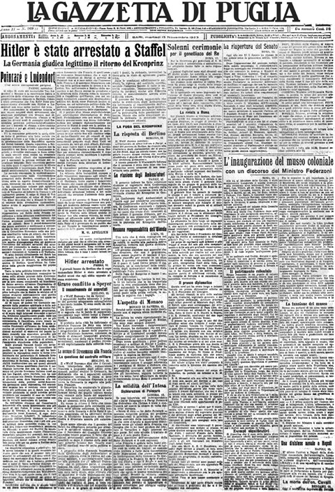 La prima pagina storica: Quando il Führer fu arrestato nel '23